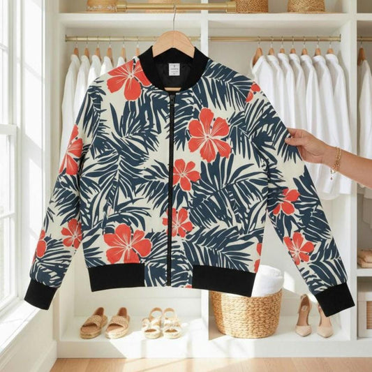 Coral Hibiscus Floral Bomber Jacket | Tropical Palm Leaf Print|Beachchi Jacket