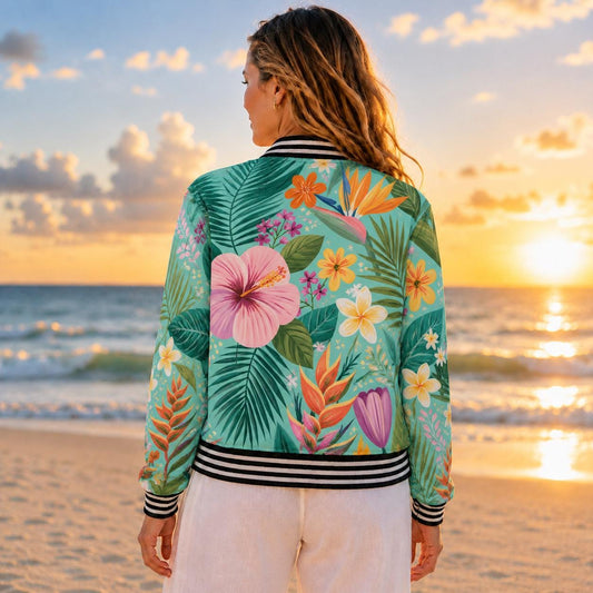 Beachchi Bomber Jacket Tropical Hibiscus Floral Varsity Jacket | Satin Zip Jacket