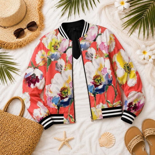 The Beachchi Bomber, Vintage Coral Poppy Print Varsity Jacket, Satin All Seasons Jacket