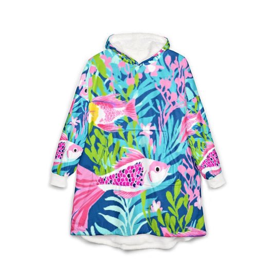 Pink tropical fish hooded blanket | colorful koi ocean print, beachchi robe