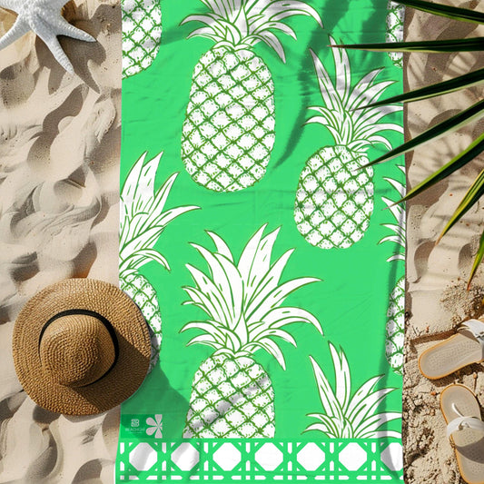 Oversized Emerald Green Pineapple Beach Towel | Palm Beach Poolside Luxury | Preppy Tropical Vacation Gift