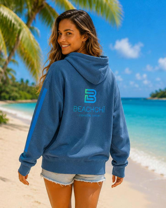 Beachchī Retro Stripe Zip Hoodie | Coastal Fleece Sweatshirt | Vintage Surf Style Zip-Up | Oversized Beach Hoodie | Women's Resort Jacket