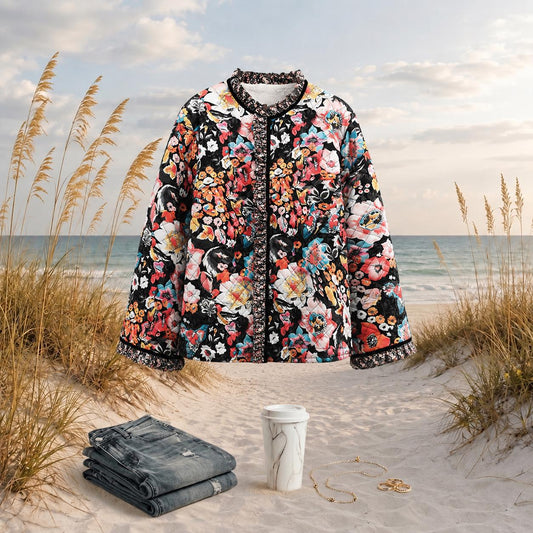 Floral quilted sherpa jacket, cozy fall coat, boho floral outerwear, s-3xl, beachchi jacket