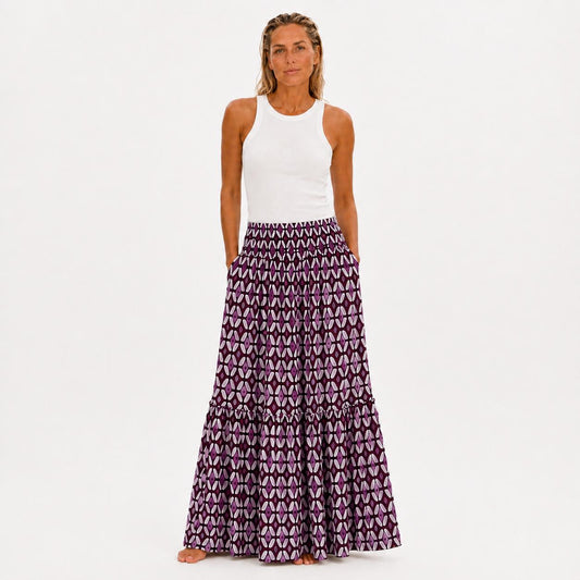 Mauve geometric maxi skirt, smocked waist tiered skirt, boho print long skirt, women’s vacation skirt, beachchi skirt