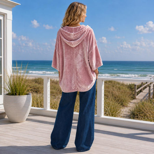 Velvet 3/4 Sleeve Hoodie, Oversized Pullover, Relaxed Fit Kangaroo Pocket Top