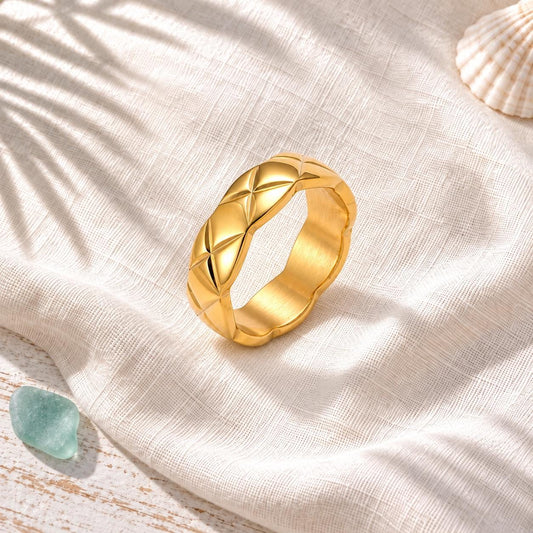 18K Gold Plated Twisted Band Ring, Textured Stainless Steel, Statement Jewelry