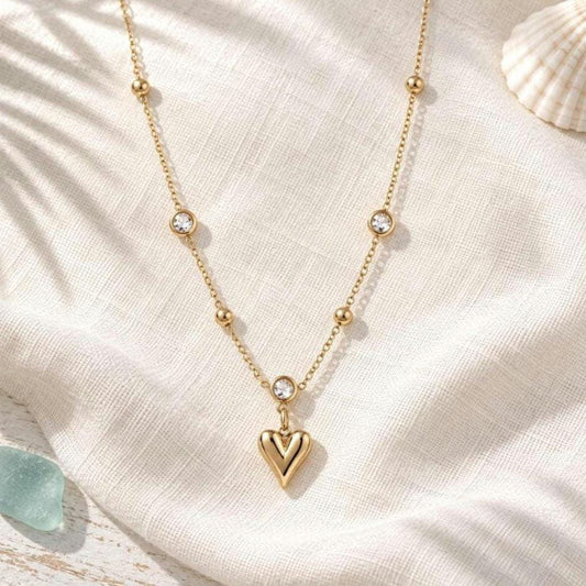 Crystal Heart Charm Necklace: 14K Gold-Plated Stainless Steel, Bezel-Set Crystal Accents