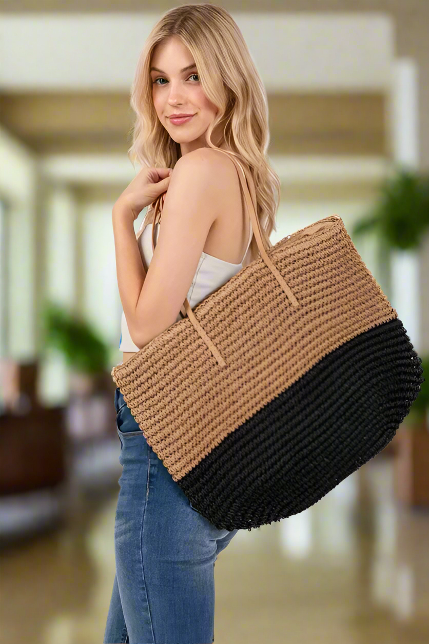 Woven Tote Bag, Black and Tan Beach Bag, Straw Braided Beach Tote Bag,Beachchi Tote, Vacation Accessory Beach Bag, Summer Tote Bag
