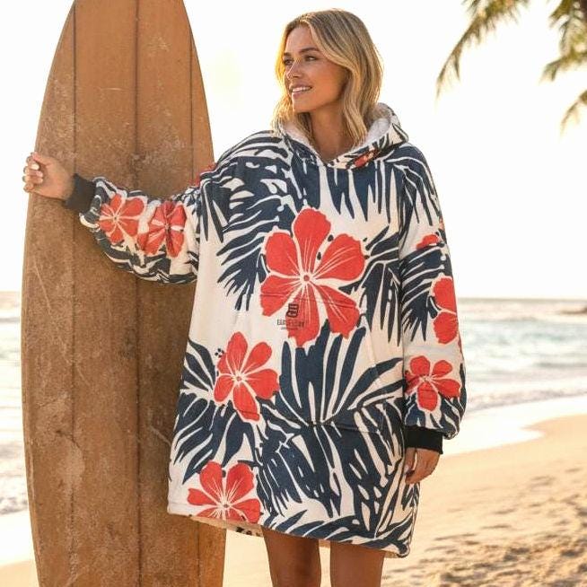 Coral Hibiscus Surf Robe Hooded Blanket | Tropical Palm Print | Beachchi Sherpa Pullover