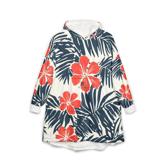 Coral Hibiscus Surf Robe Hooded Blanket | Tropical Palm Print | Beachchi Sherpa Pullover