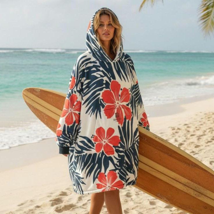 Coral Hibiscus Surf Robe Hooded Blanket | Tropical Palm Print | Beachchi Sherpa Pullover