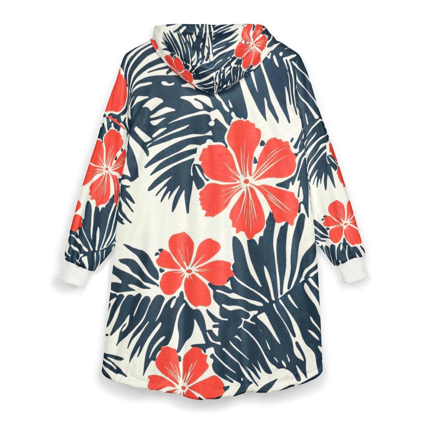 Coral Hibiscus Surf Robe Hooded Blanket | Tropical Palm Print | Beachchi Sherpa Pullover