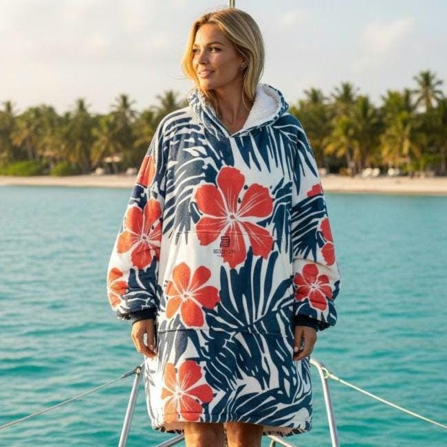 Coral Hibiscus Surf Robe Hooded Blanket | Tropical Palm Print | Beachchi Sherpa Pullover