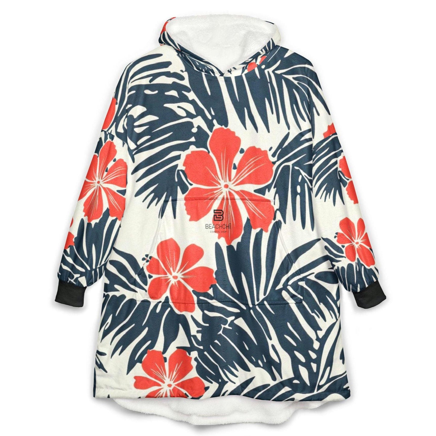 Coral Hibiscus Surf Robe Hooded Blanket | Tropical Palm Print | Beachchi Sherpa Pullover