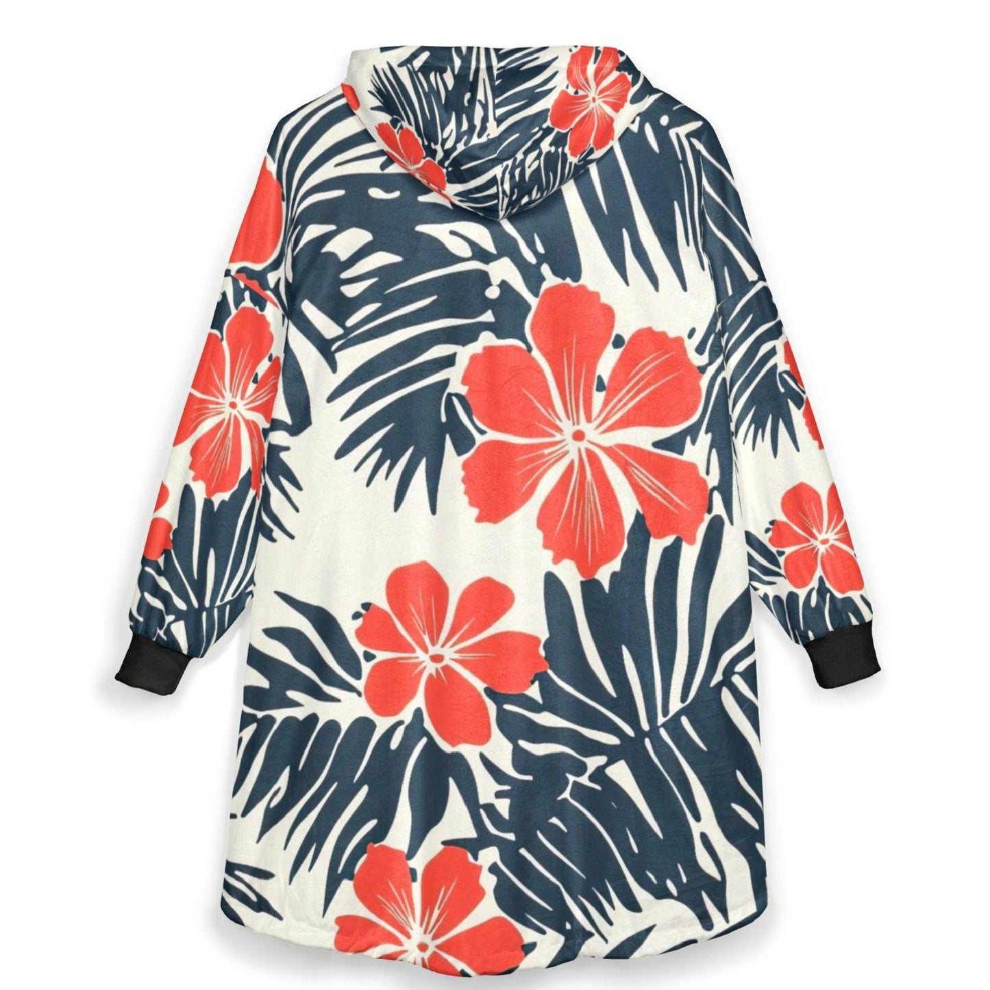 Coral Hibiscus Surf Robe Hooded Blanket | Tropical Palm Print | Beachchi Sherpa Pullover