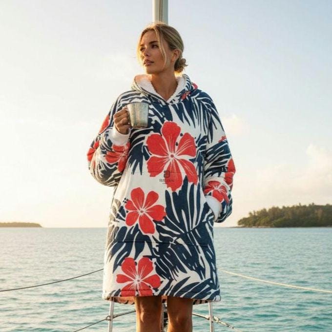 Coral Hibiscus Surf Robe Hooded Blanket | Tropical Palm Print | Beachchi Sherpa Pullover
