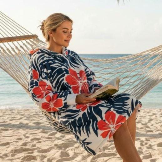 Coral Hibiscus Surf Robe Hooded Blanket | Tropical Palm Print | Beachchi Sherpa Pullover