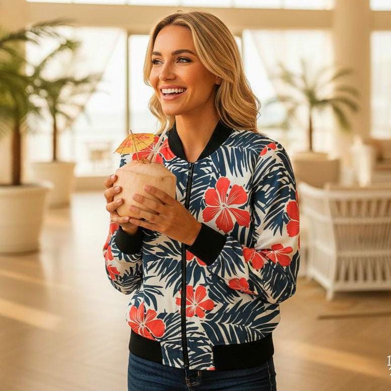 Coral Hibiscus Floral Bomber Jacket | Tropical Palm Leaf Print|Beachchi Jacket