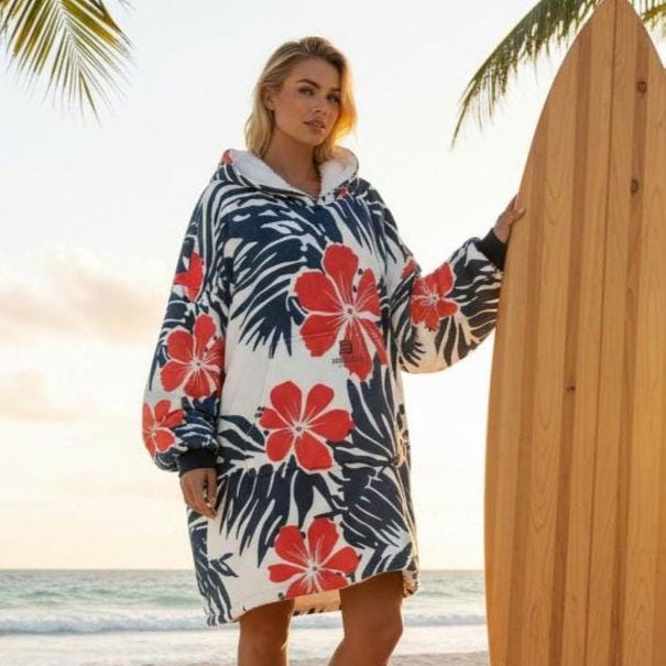 Coral Hibiscus Surf Robe Hooded Blanket | Tropical Palm Print | Beachchi Sherpa Pullover