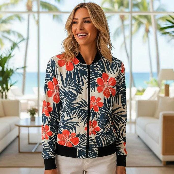 Coral Hibiscus Floral Bomber Jacket | Tropical Palm Leaf Print|Beachchi Jacket