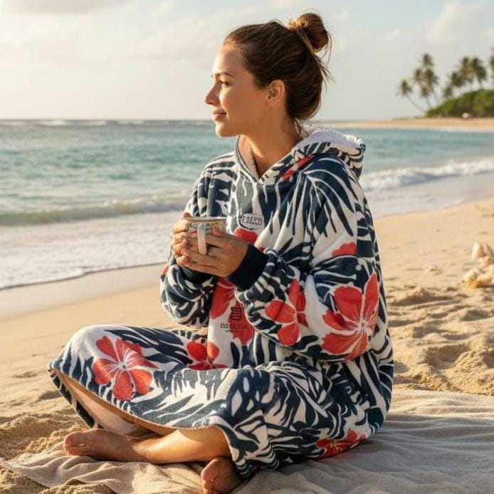 Coral Hibiscus Surf Robe Hooded Blanket | Tropical Palm Print | Beachchi Sherpa Pullover