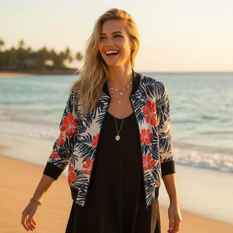 Coral Hibiscus Floral Bomber Jacket | Tropical Palm Leaf Print|Beachchi Jacket