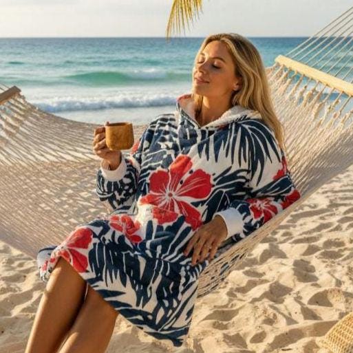 Coral Hibiscus Surf Robe Hooded Blanket | Tropical Palm Print | Beachchi Sherpa Pullover