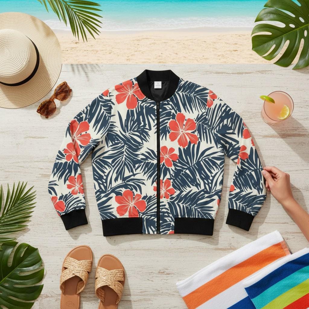 Coral Hibiscus Floral Bomber Jacket | Tropical Palm Leaf Print|Beachchi Jacket