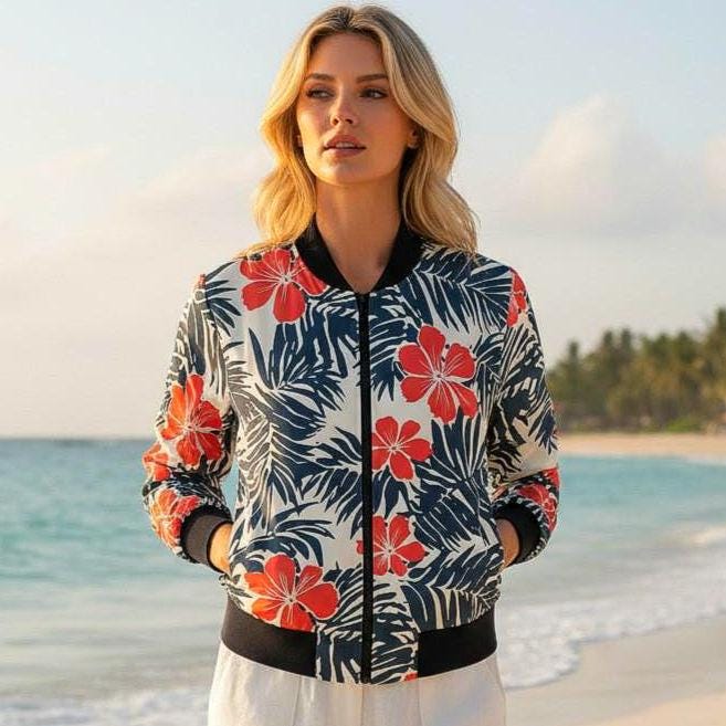 Coral Hibiscus Floral Bomber Jacket | Tropical Palm Leaf Print|Beachchi Jacket