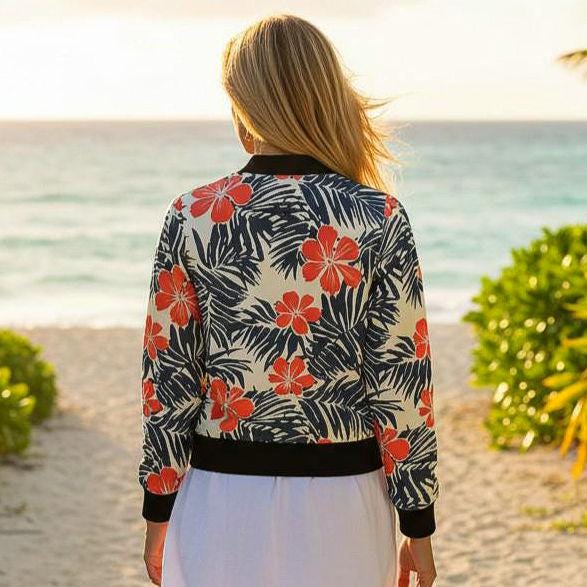 Coral Hibiscus Floral Bomber Jacket | Tropical Palm Leaf Print|Beachchi Jacket