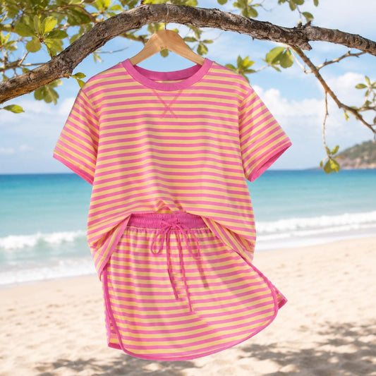 Beachchi Pink & Butter Yellow Striped Lounge Set | Women's Coastal Two-Piece Outfit | Cotton Vacation Set | Beach Resort Matching Set