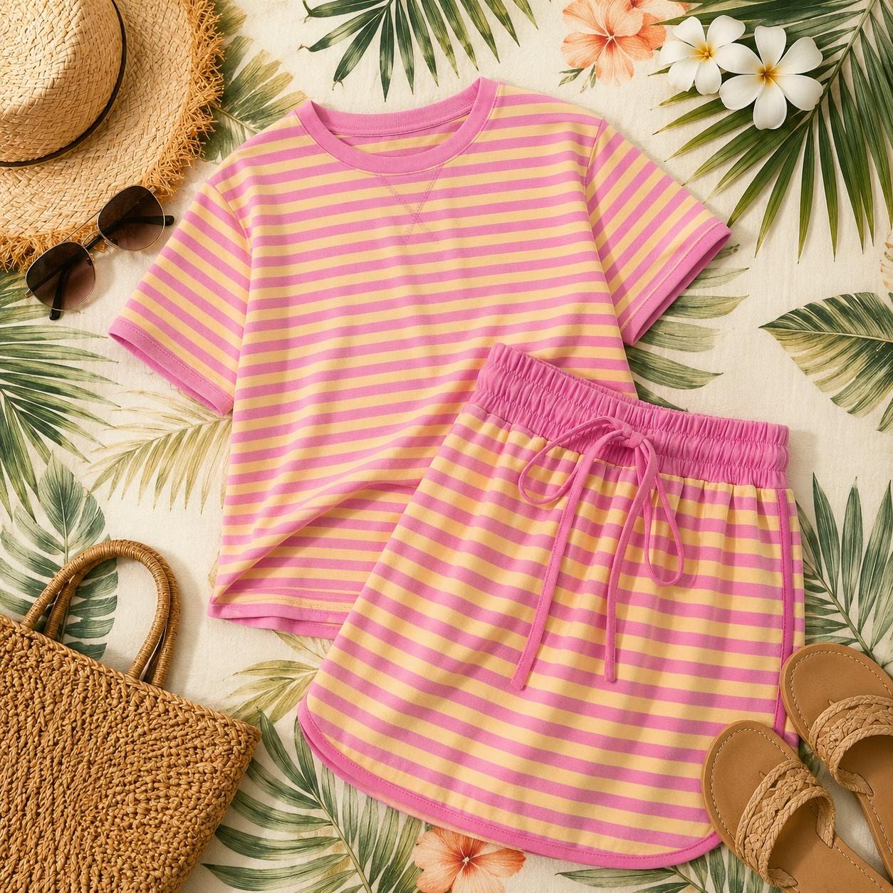 Beachchi Pink & Butter Yellow Striped Lounge Set | Women's Coastal Two-Piece Outfit | Cotton Vacation Set | Beach Resort Matching Set