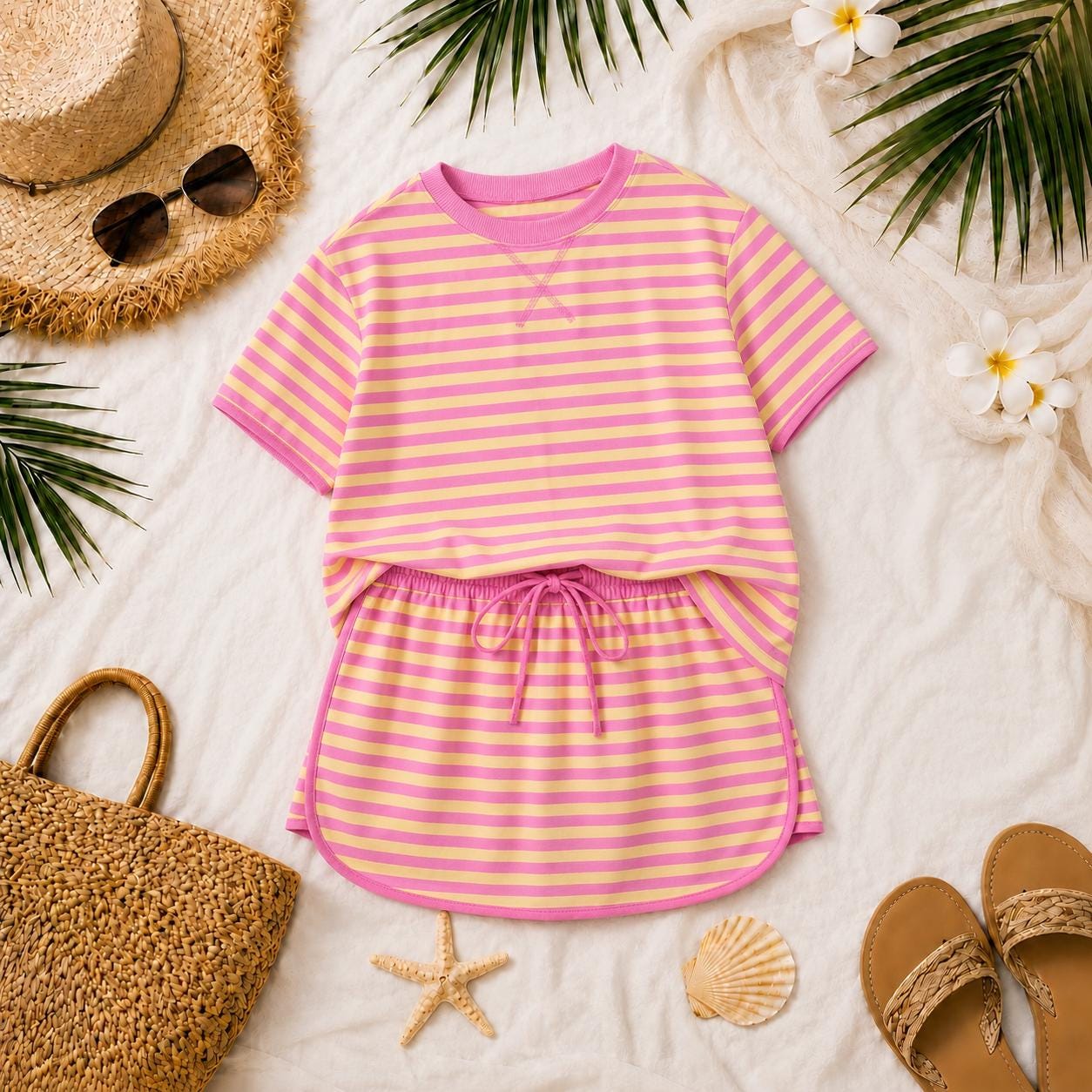 Beachchi Pink & Butter Yellow Striped Lounge Set | Women's Coastal Two-Piece Outfit | Cotton Vacation Set | Beach Resort Matching Set