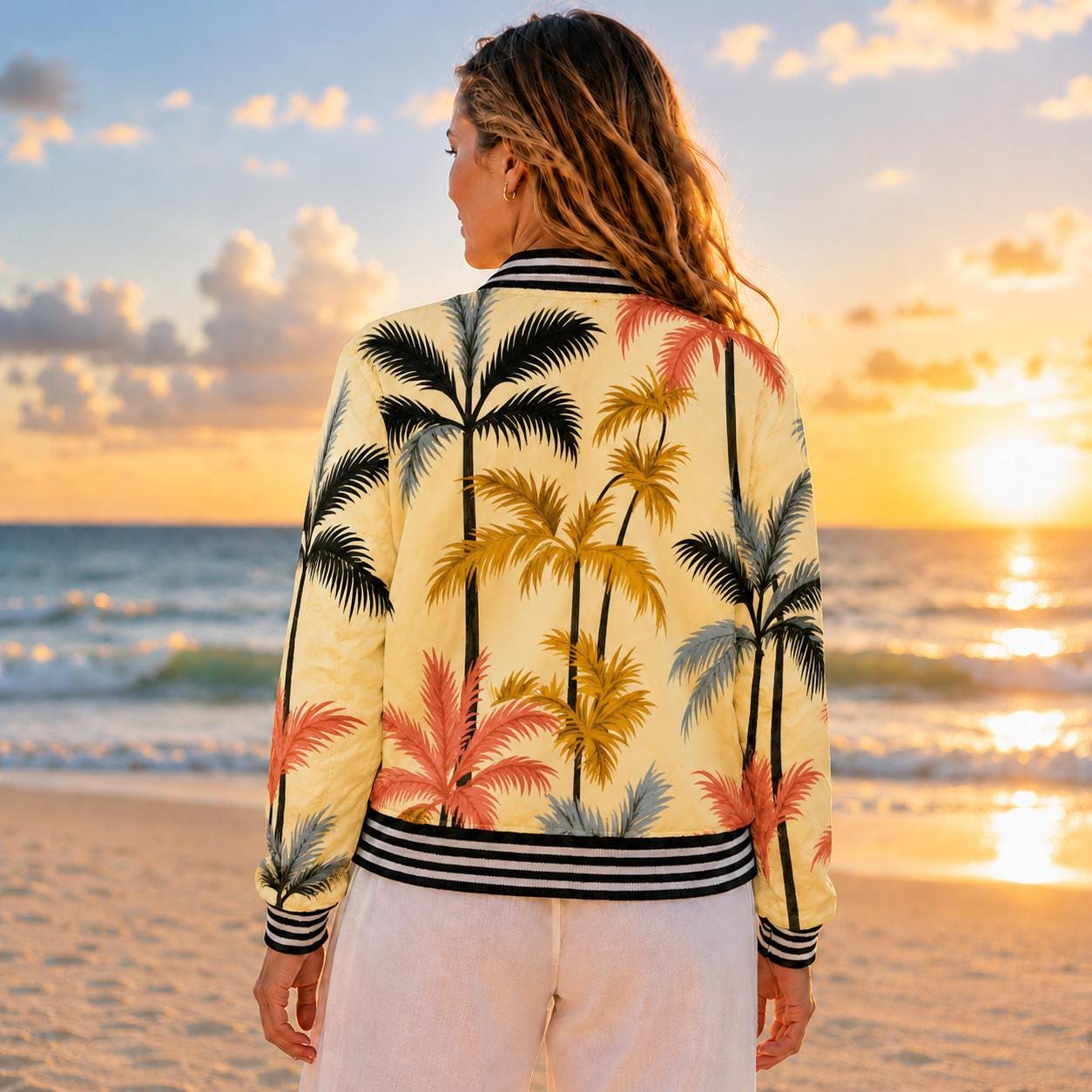 Beachchi Bomber Jacket |Tropical Palm Pattern Women's Varsity Jacket | Satin Jacket