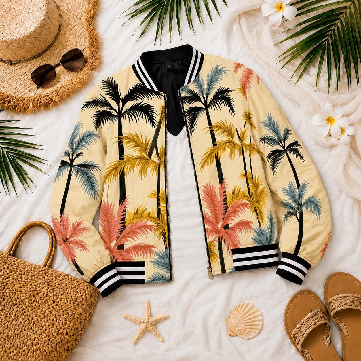 Beachchi Bomber Jacket |Tropical Palm Pattern Women's Varsity Jacket | Satin Jacket