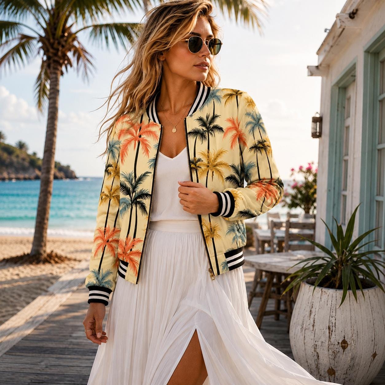 Beachchi Bomber Jacket |Tropical Palm Pattern Women's Varsity Jacket | Satin Jacket