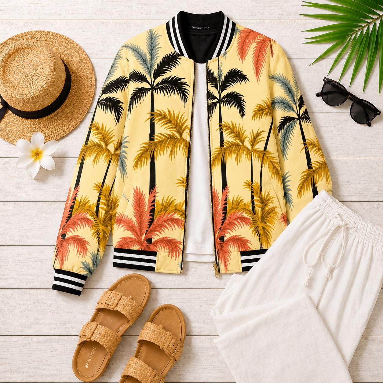 Beachchi Bomber Jacket |Tropical Palm Pattern Women's Varsity Jacket | Satin Jacket