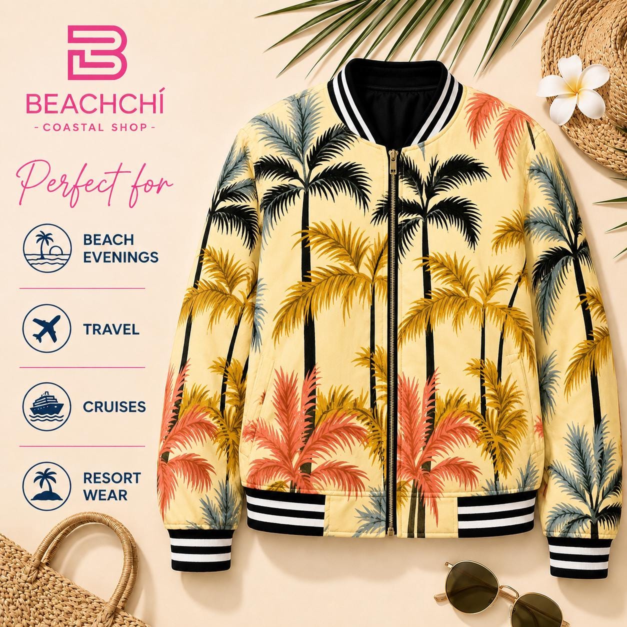 Beachchi Bomber Jacket |Tropical Palm Pattern Women's Varsity Jacket | Satin Jacket