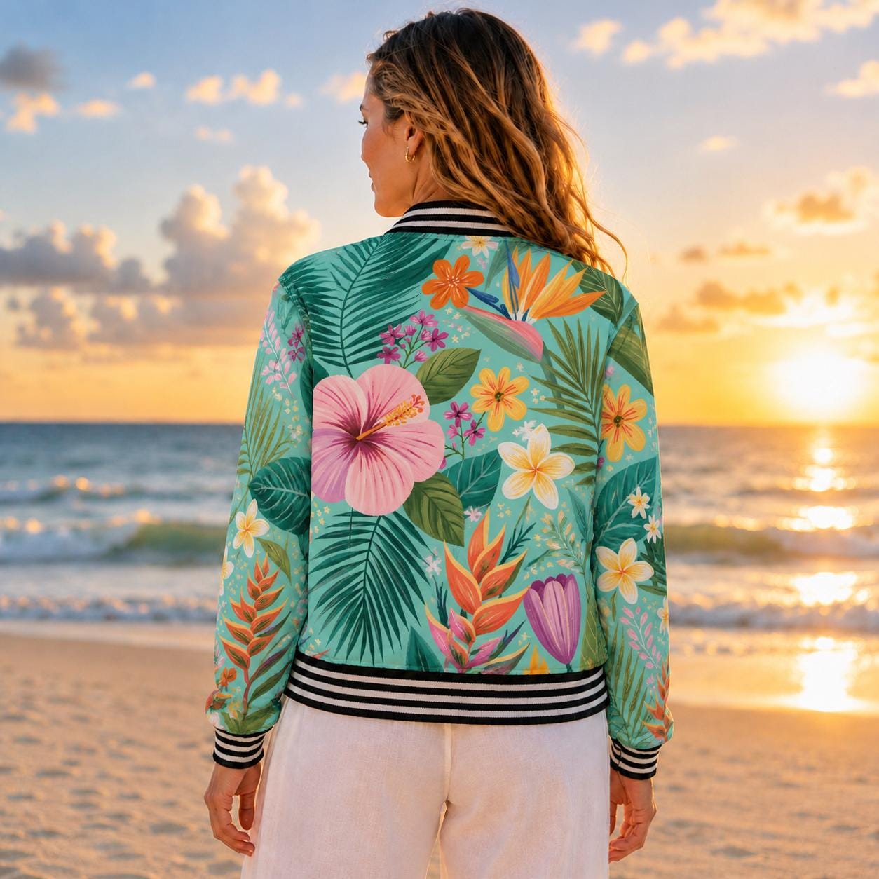 Beachchi Bomber Jacket Tropical Hibiscus Floral Varsity Jacket | Satin Zip Jacket