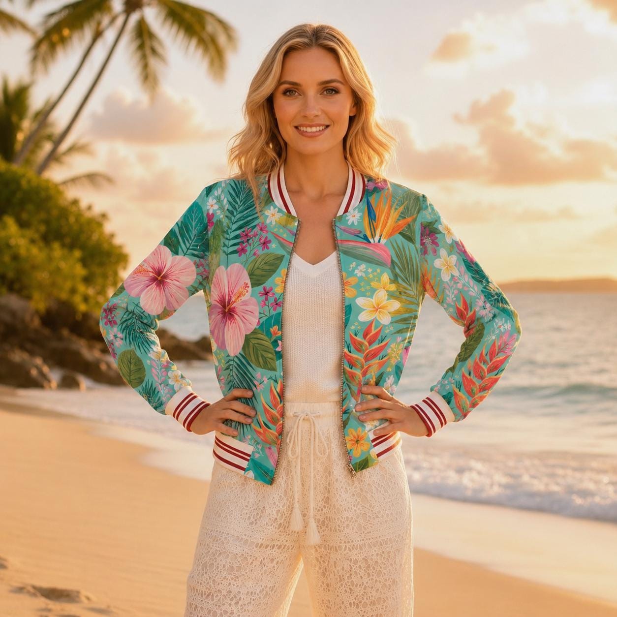 Beachchi Bomber Jacket Tropical Hibiscus Floral Varsity Jacket | Satin Zip Jacket