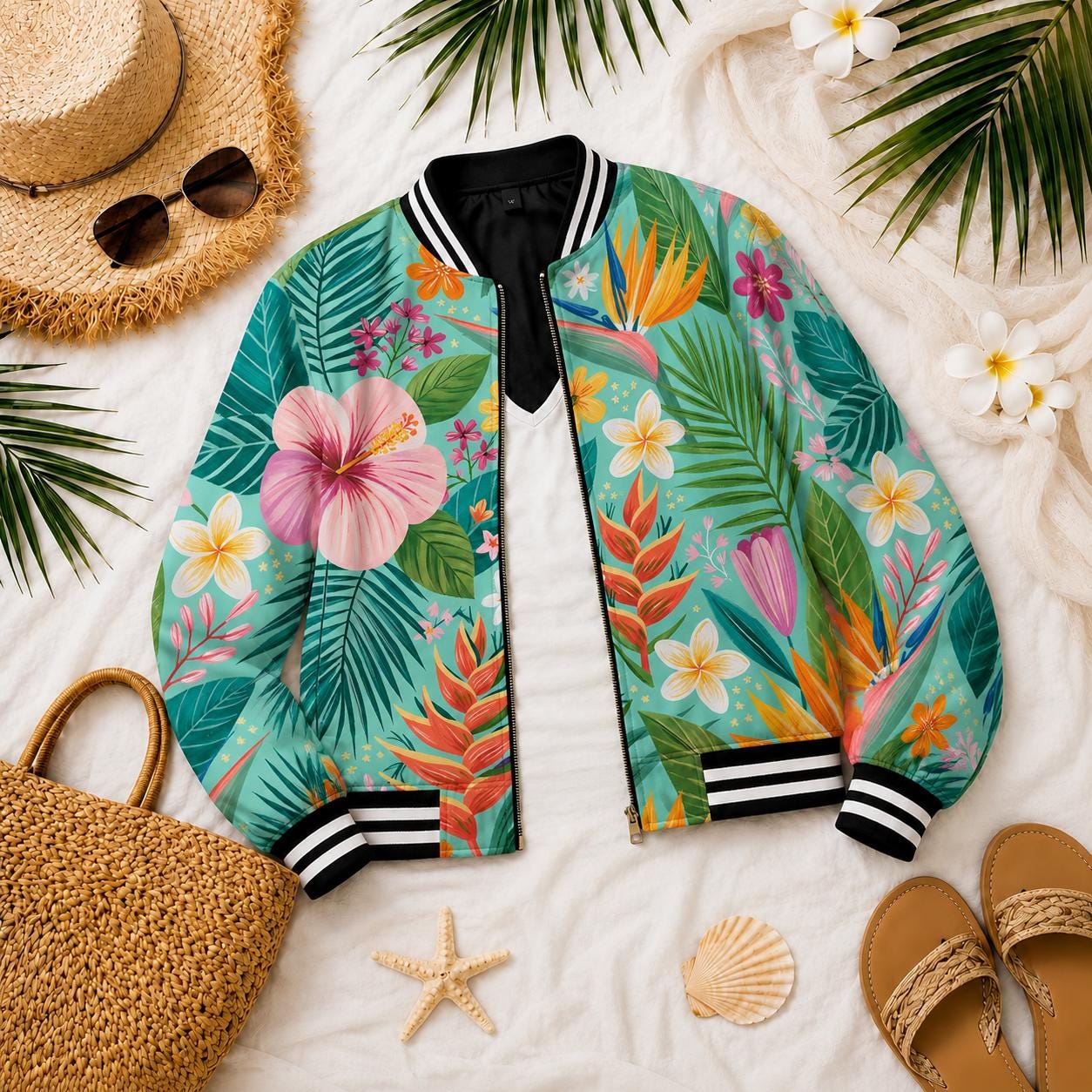 Beachchi Bomber Jacket Tropical Hibiscus Floral Varsity Jacket | Satin Zip Jacket