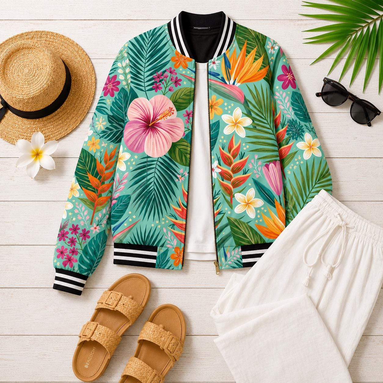 Beachchi Bomber Jacket Tropical Hibiscus Floral Varsity Jacket | Satin Zip Jacket