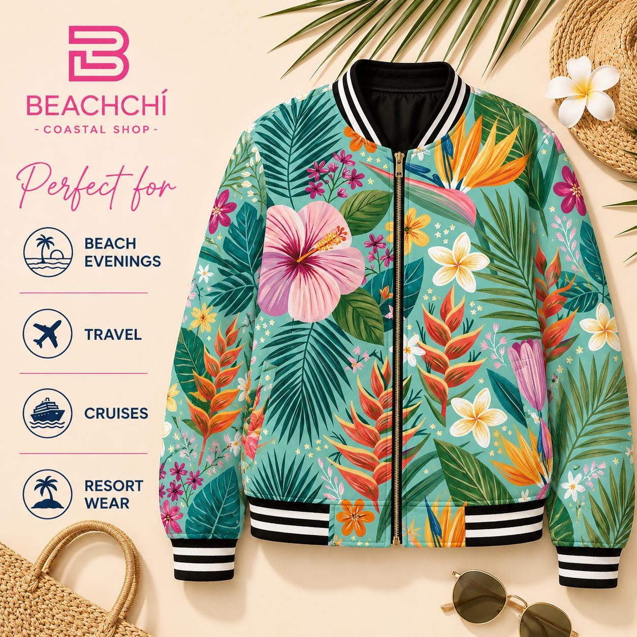 Beachchi Bomber Jacket Tropical Hibiscus Floral Varsity Jacket | Satin Zip Jacket