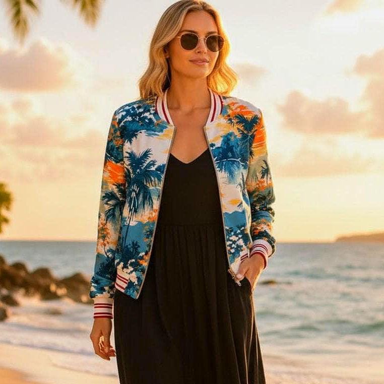 The Beachchi Bomber, Vintage Palm Sunset Satin Bomber Jacket | Boutique Style Jacket,