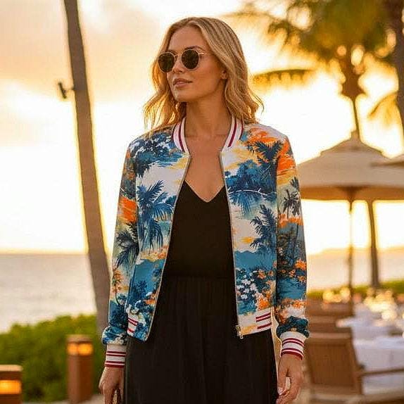 The Beachchi Bomber, Vintage Palm Sunset Satin Bomber Jacket | Boutique Style Jacket,