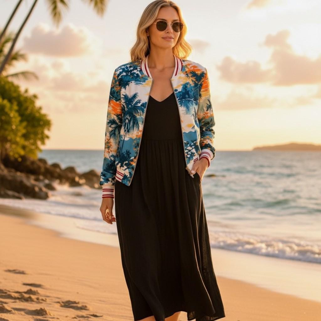 The Beachchi Bomber, Vintage Palm Sunset Satin Bomber Jacket | Boutique Style Jacket,