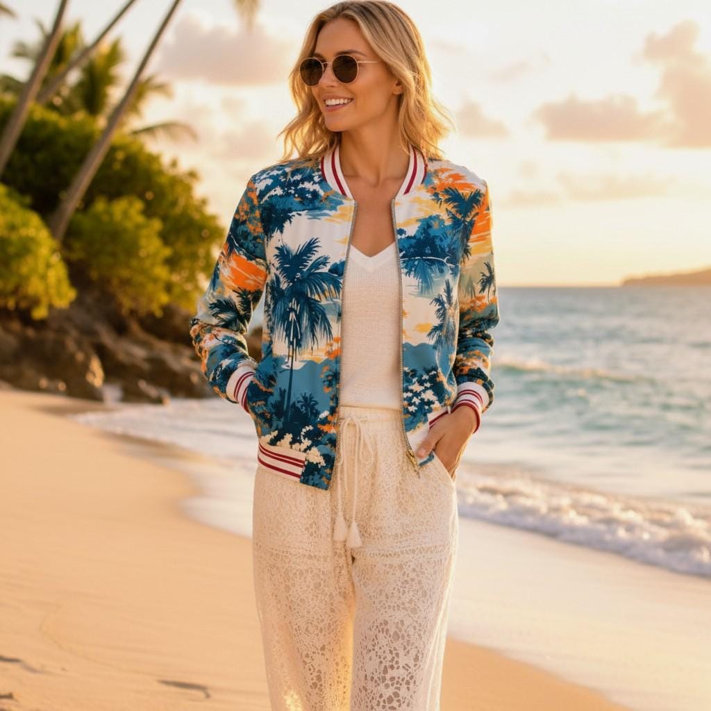 The Beachchi Bomber, Vintage Palm Sunset Satin Bomber Jacket | Boutique Style Jacket,