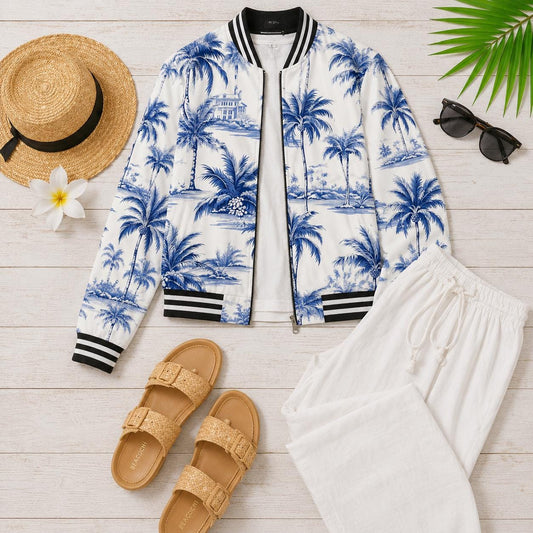 The Beachchi Bomber, Blue Palm Tree Satin Bomber Jacket | Varsity Jacket,Beachchi Jacket