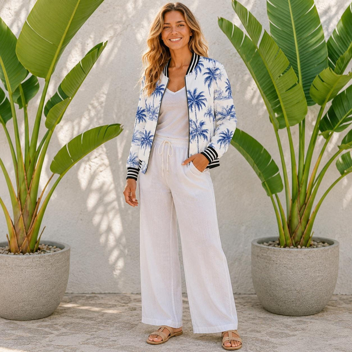 The Beachchi Bomber, Blue Palm Tree Satin Bomber Jacket | Varsity Jacket,Beachchi Jacket