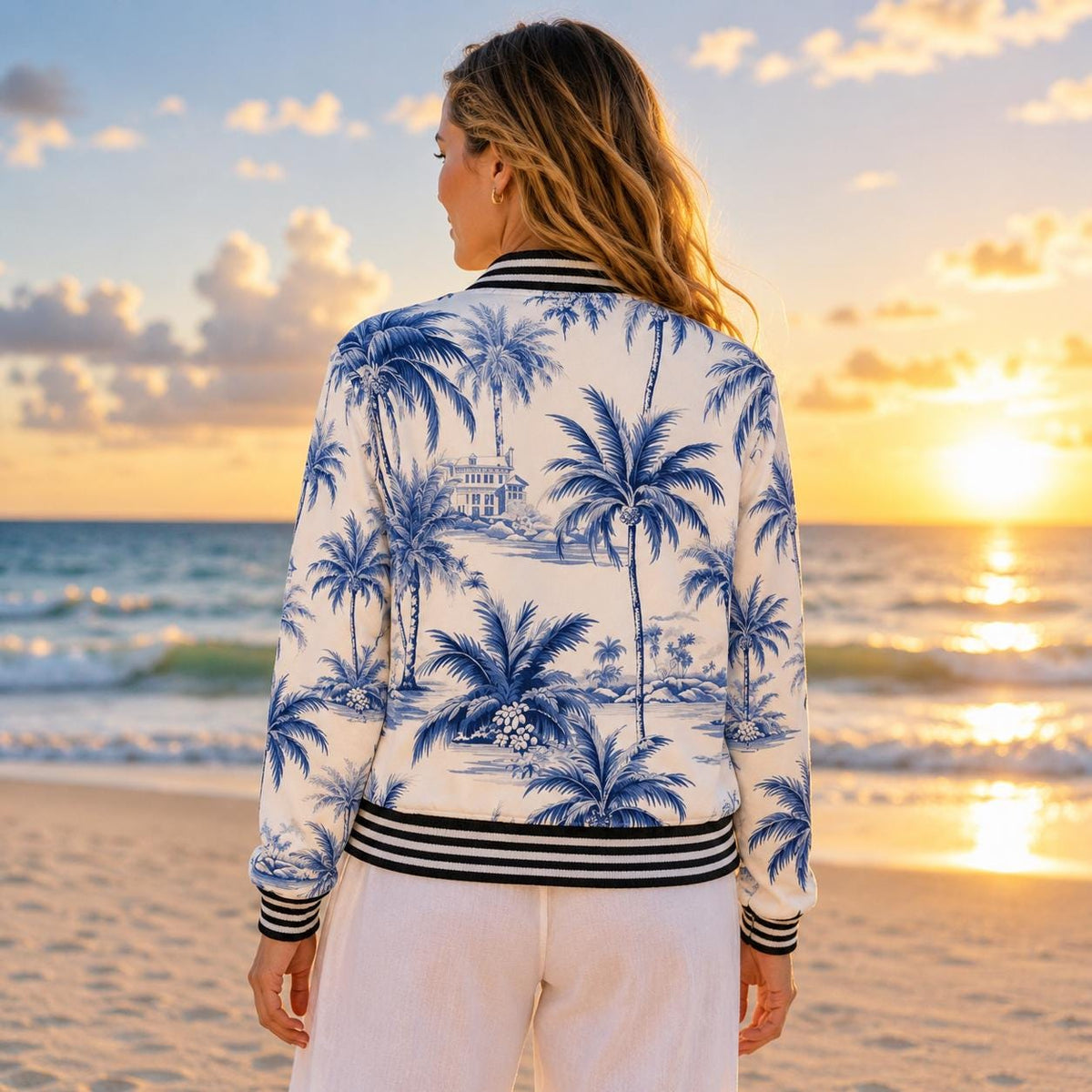 The Beachchi Bomber, Blue Palm Tree Satin Bomber Jacket | Varsity Jacket,Beachchi Jacket